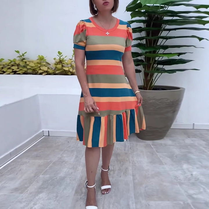 Women's striped jersey dress A-line cut with short puff sleeves and ruffle hem Mune Fashion