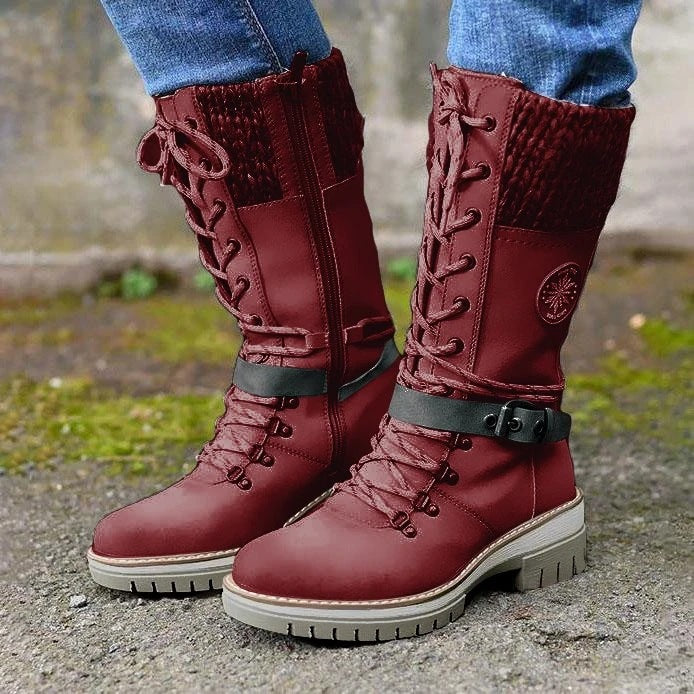 Women nan padded lace-up boots with knitted shaft, decorative buckle strap, and patterned rubber sole Mune Fashion