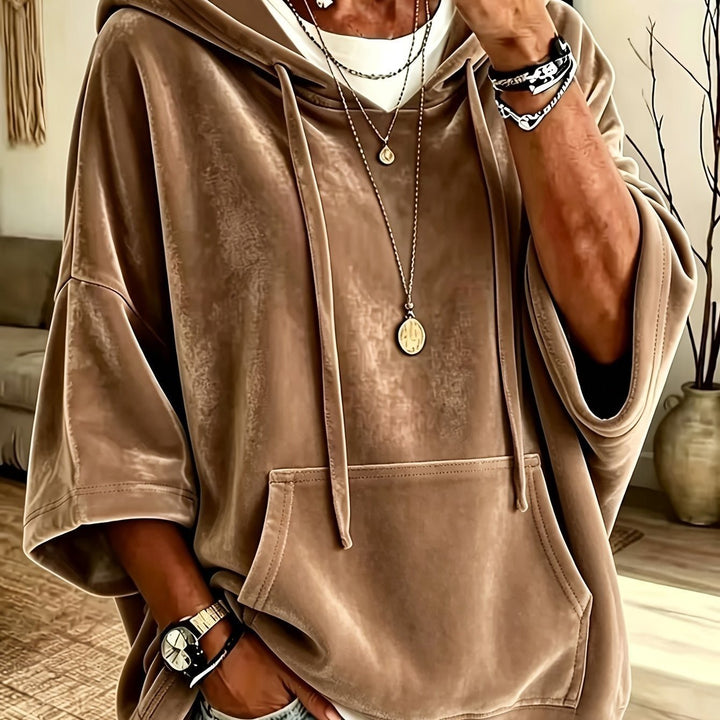 Women's Oversize Velvet Hoodie with Half Sleeves, Hood, and Kangaroo Pocket Mune Fashion