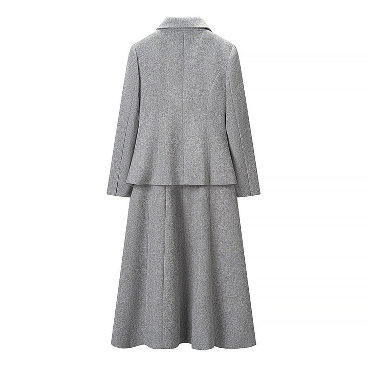 Women Elegant two-piece wool blend suit with tailored short blazer and flared midi skirt Mune Fashion