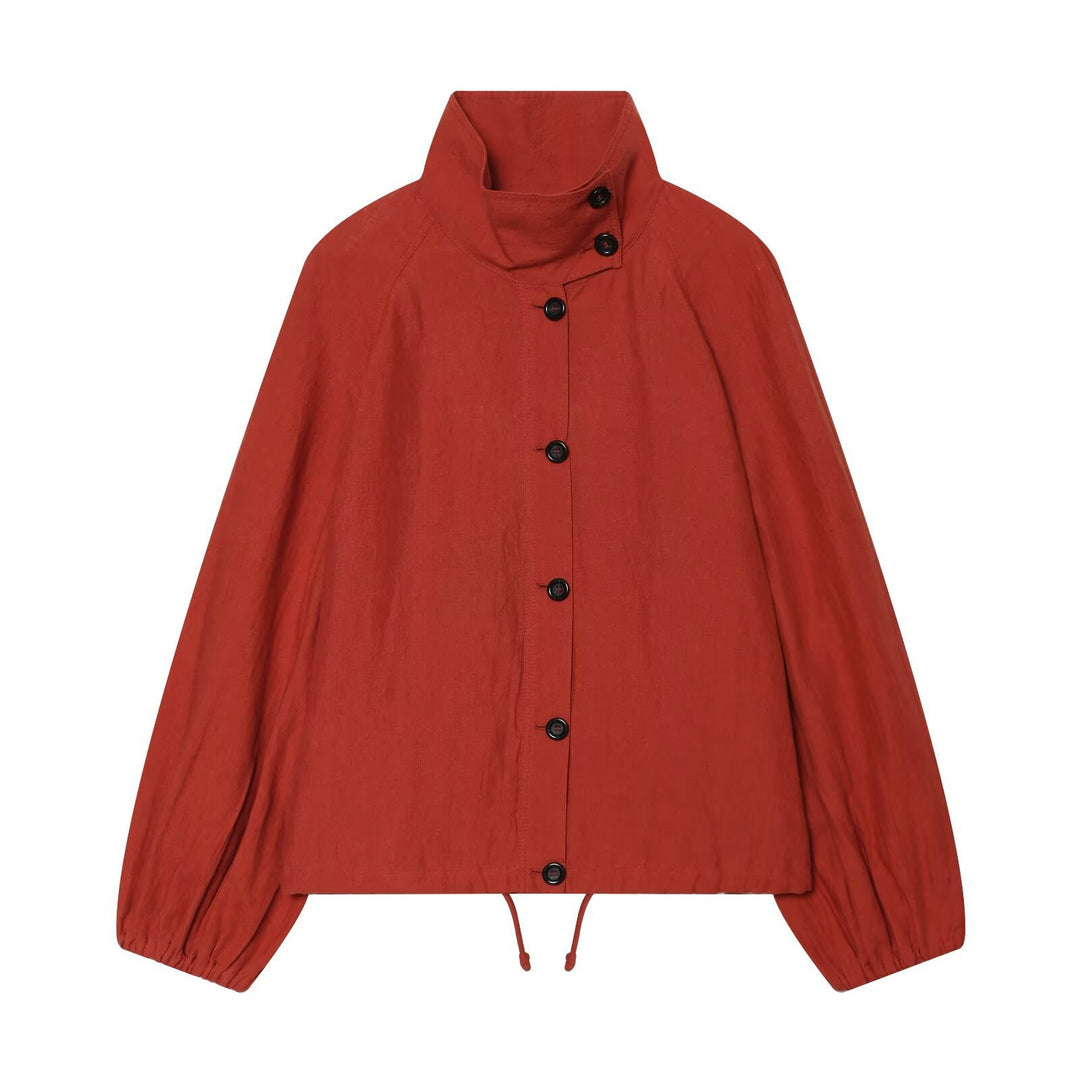 Ladies short jacket with high stand-up collar, continuous button placket and drawstring Mune Fashion