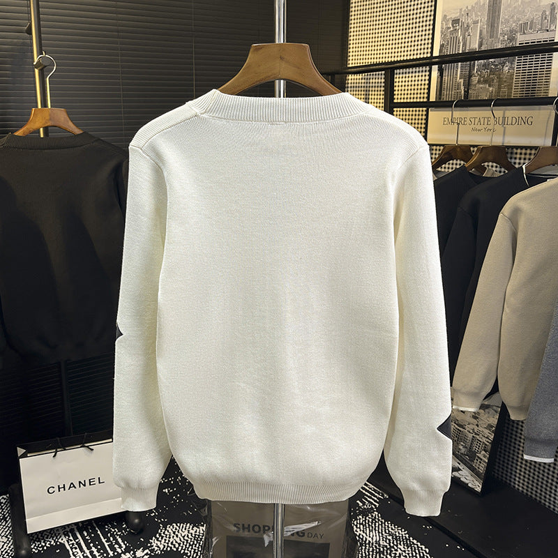 Men's knit cardigan with V-neck and decorative puzzle applications Mune Fashion