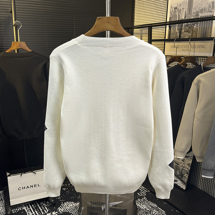 Men's knit cardigan with V-neck and decorative puzzle applications Mune Fashion