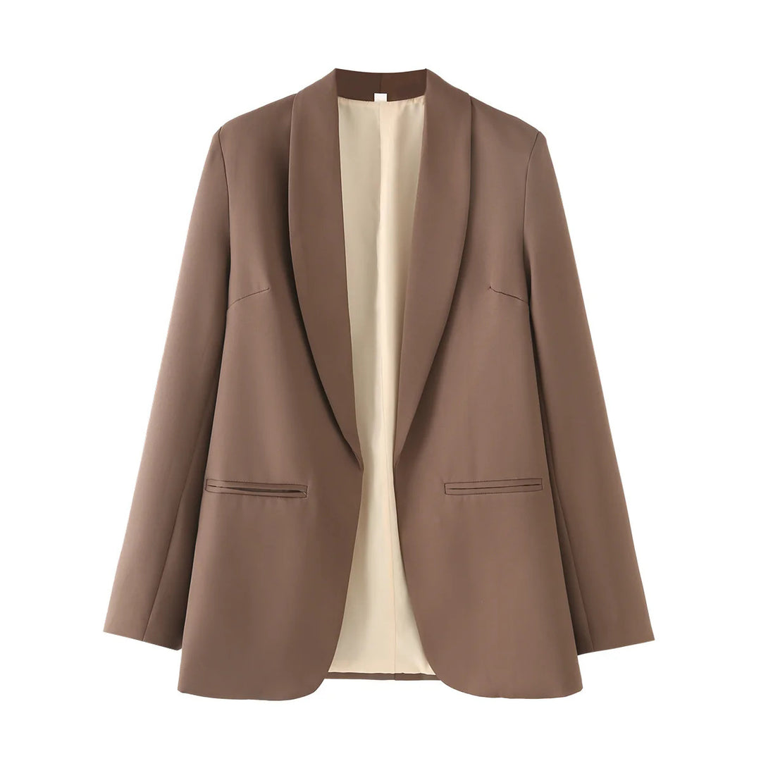 Ladies long blazer with shawl collar, unstructured fall and piped welt pockets Mune Fashion
