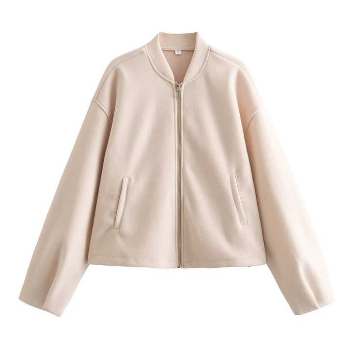 Women's Boxy Bomber Jacket with Stand-Up Collar, Dropped Shoulders and Concealed Zipper Mune Fashion