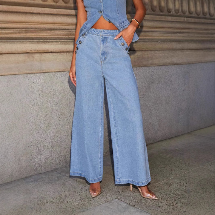 Women's loosely cut high-waisted denim pants with side button placket and wide leg Mune Fashion