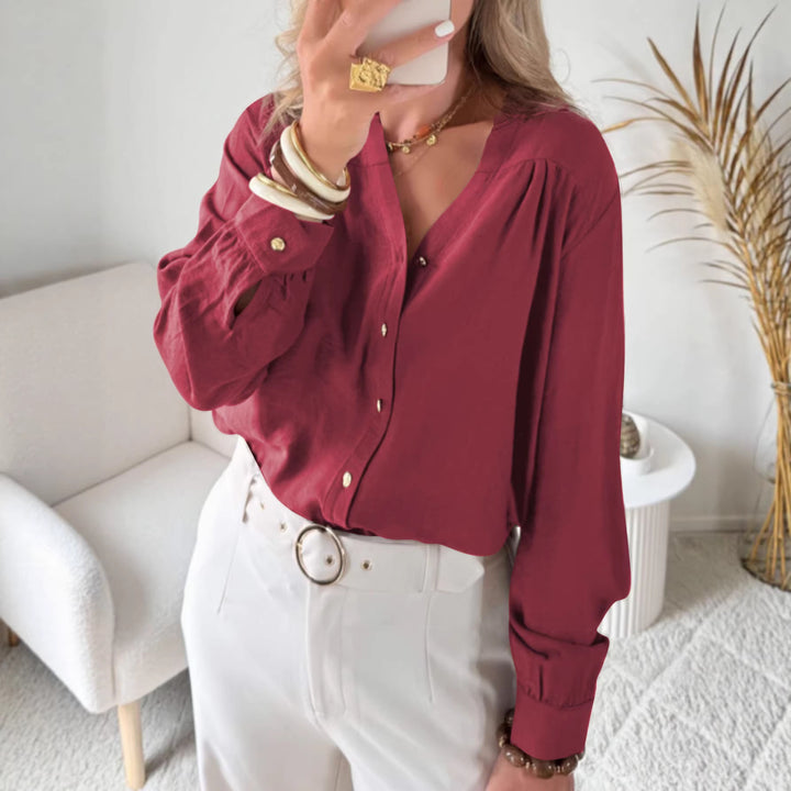 Women Loose Blouse Shirt with V-Neck, Ruffle Hem and Golden Decorative Buttons Mune Fashion