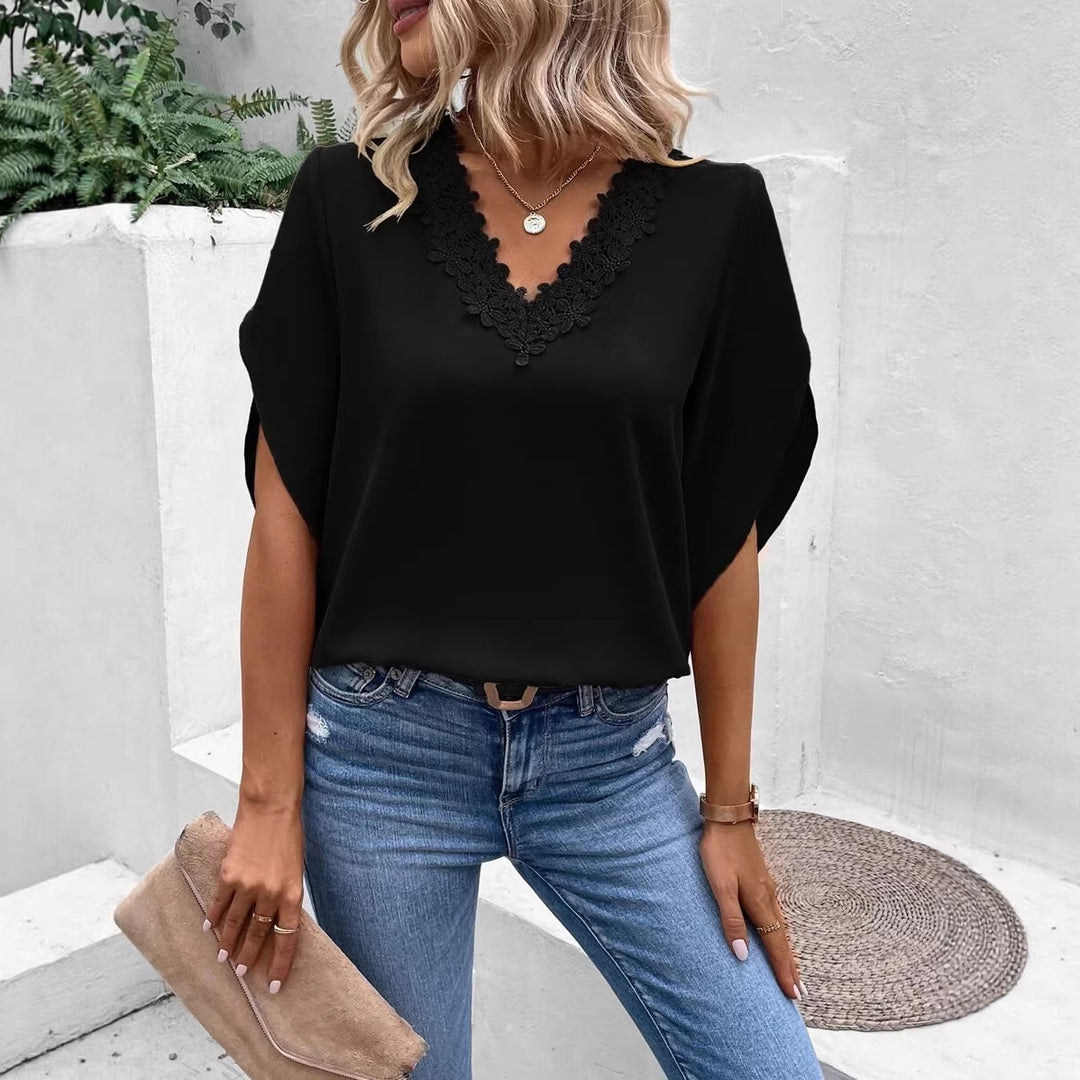 Women's Elegant V-neck Blouse with Floral Lace Edge and Batwing Sleeves Mune Fashion