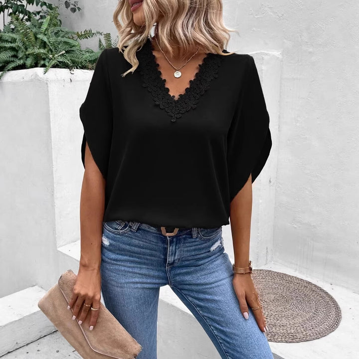 Women's Elegant V-neck Blouse with Floral Lace Edge and Batwing Sleeves Mune Fashion