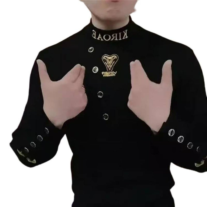 Men's Fitted Long Sleeve Shirt with Stand-Up Collar, Asymmetrical Button Placket and Logo Embroidery Mune Fashion