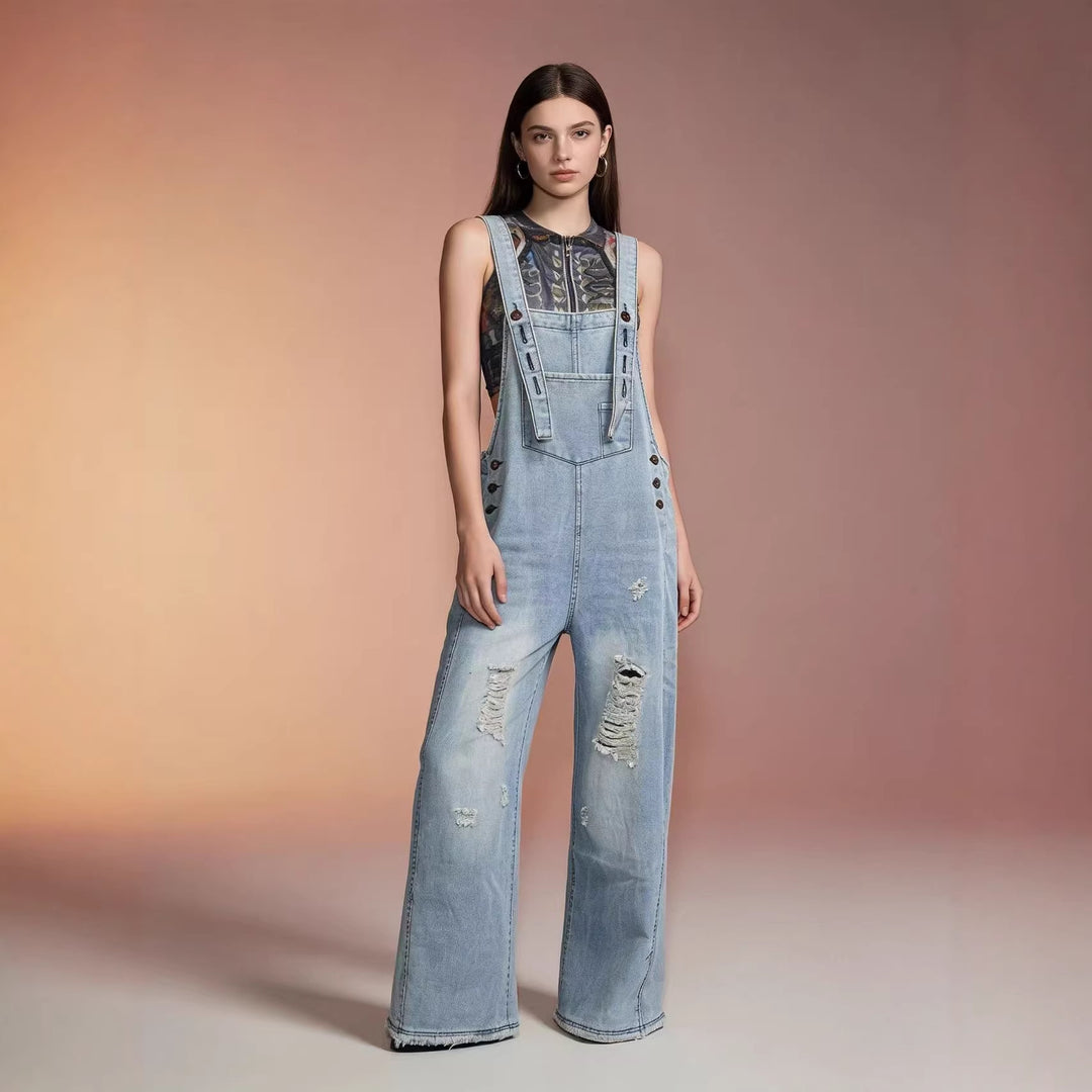 Women's modern baggy overalls made of pigment-dyed stretch denim with adjustable straps and visible rips Mune Fashion