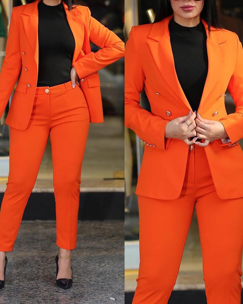 Women's tailored business pantsuit set with double-breasted blazer and tapered waistband pants Mune Fashion