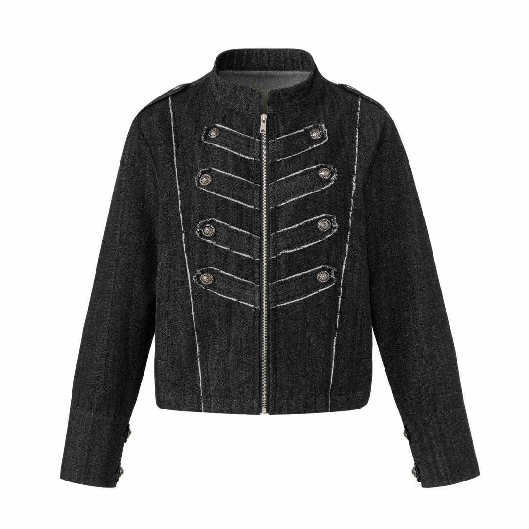 Women's denim blouson in military look with standing collar and decorative button placket Mune Fashion
