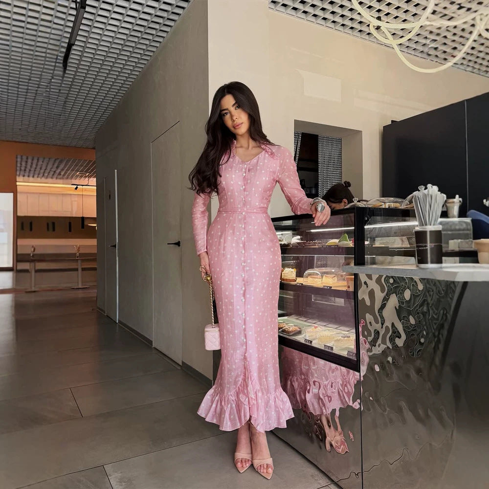 Women Elegant Maxi Dress with Continuous Button Placket, Tailored Silhouette and Ruffle Hem Mune Fashion