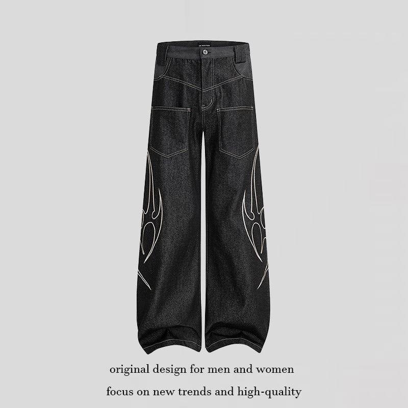 Women's Loose High-Waist Denim Cargo Pants with Flame Embroidery and Patch Pockets Mune Fashion