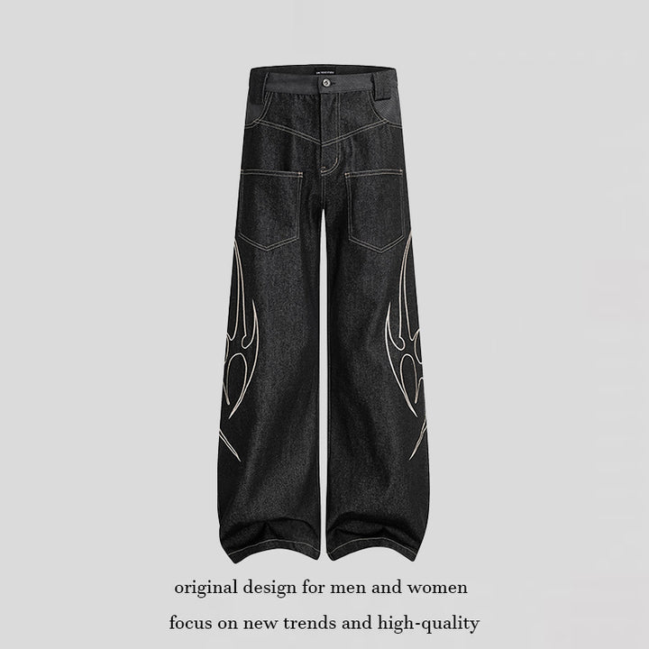 Women's Loose High-Waist Denim Cargo Pants with Flame Embroidery and Patch Pockets Mune Fashion