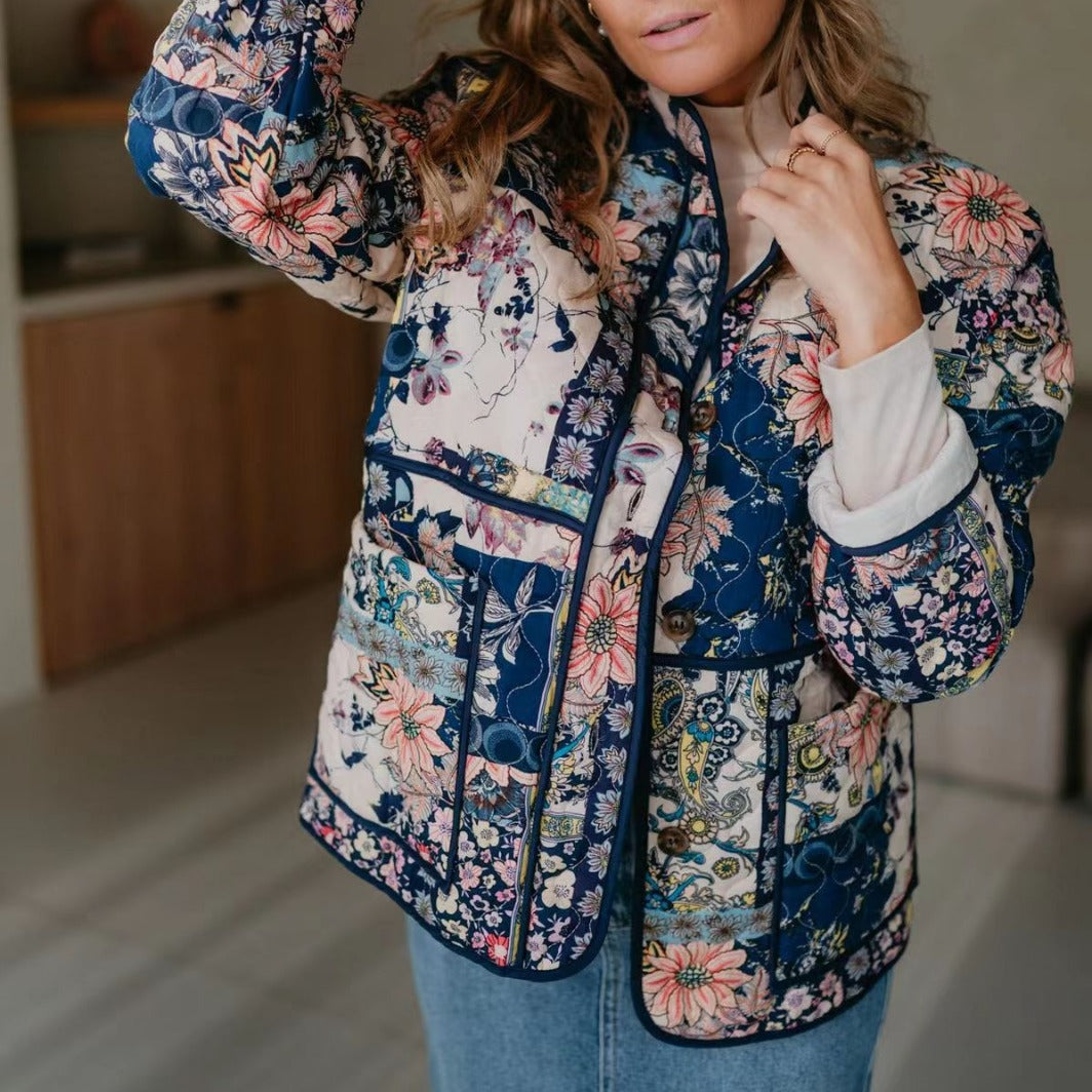 Women's Padded Quilted Jacket in Floral Patchwork Look Mune Fashion