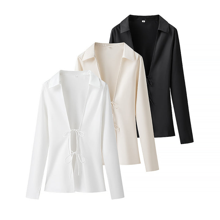 Women's Lightweight Shirt Blouse with Deep V-Neck and Double Ties Mune Fashion