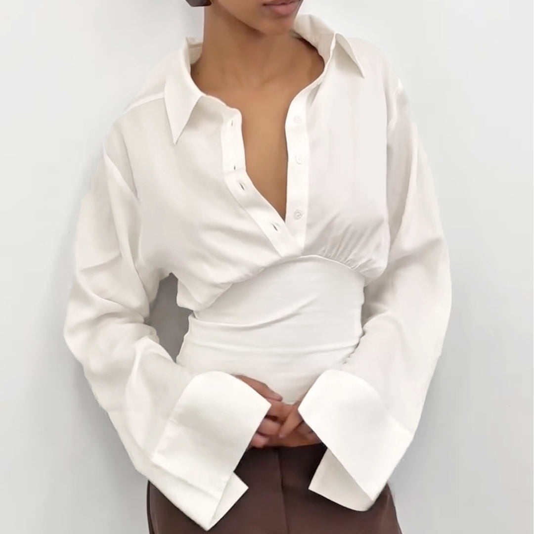Women's fitted cropped blouse with shirt collar and wide stretchy waistband Mune Fashion
