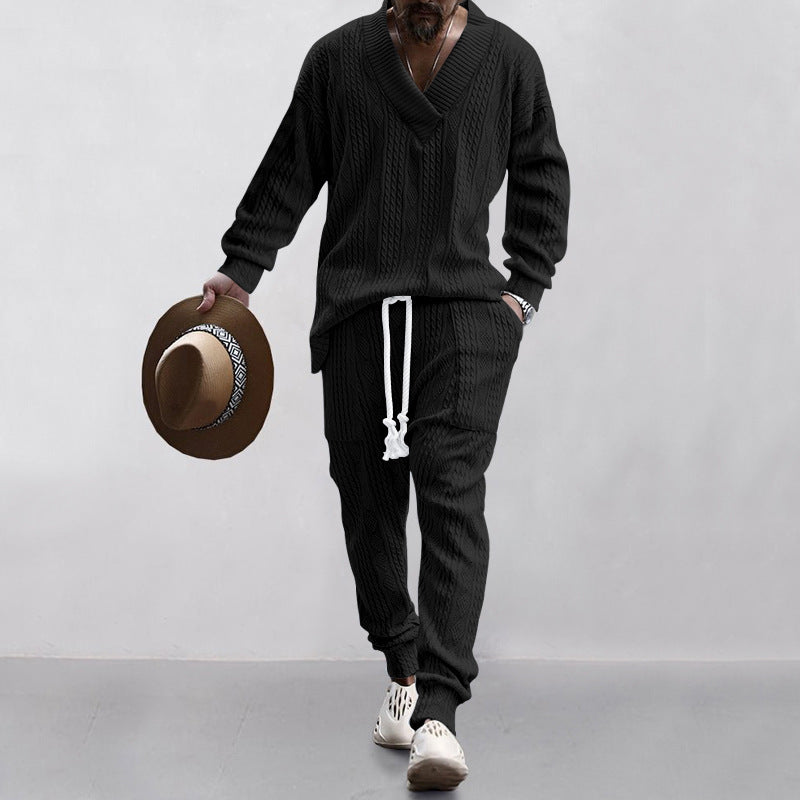 Men's Structured Knit Lounge Set with Deep V-Neck and Drawstring Pants Mune Fashion