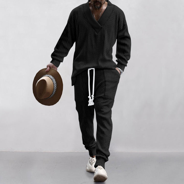 Men's Structured Knit Lounge Set with Deep V-Neck and Drawstring Pants Mune Fashion