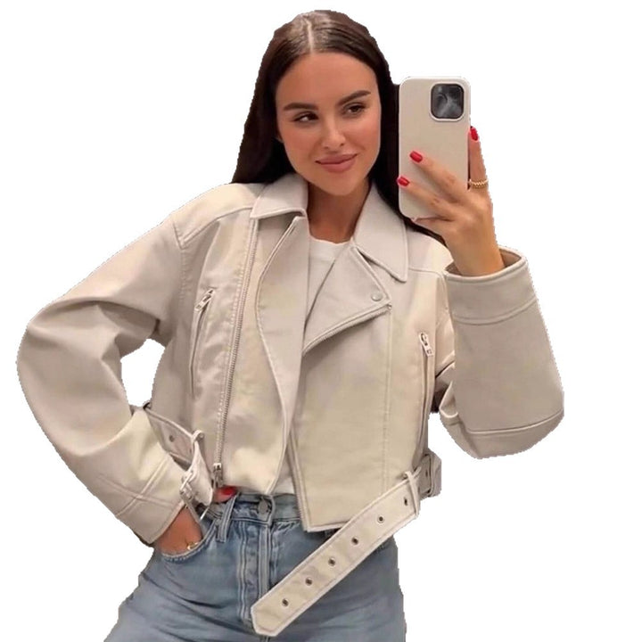 Women Short-Cut Biker Jacket Made of Faux Leather with Waist Belt Mune Fashion