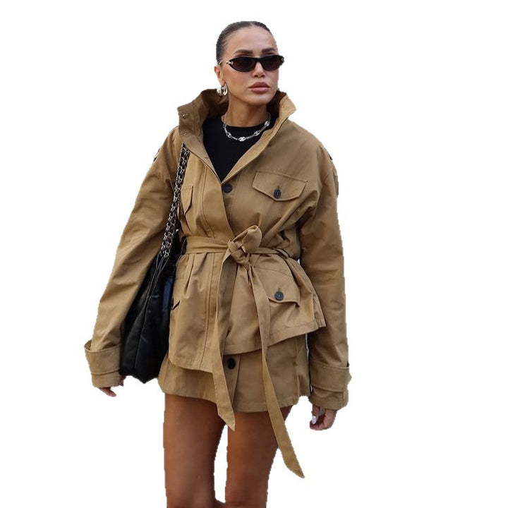 Women's Tailored Utility Jacket with Tie Belt, High Stand Collar and Flap Pockets Mune Fashion