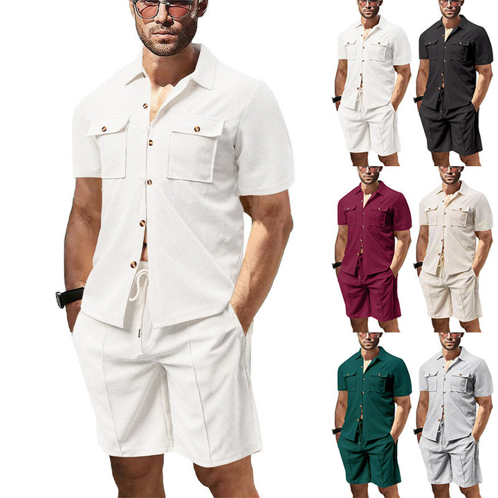 Men's structured short-sleeve shirt and bermuda set made of breathable cotton blend with chest pockets and drawstring Mune Fashion