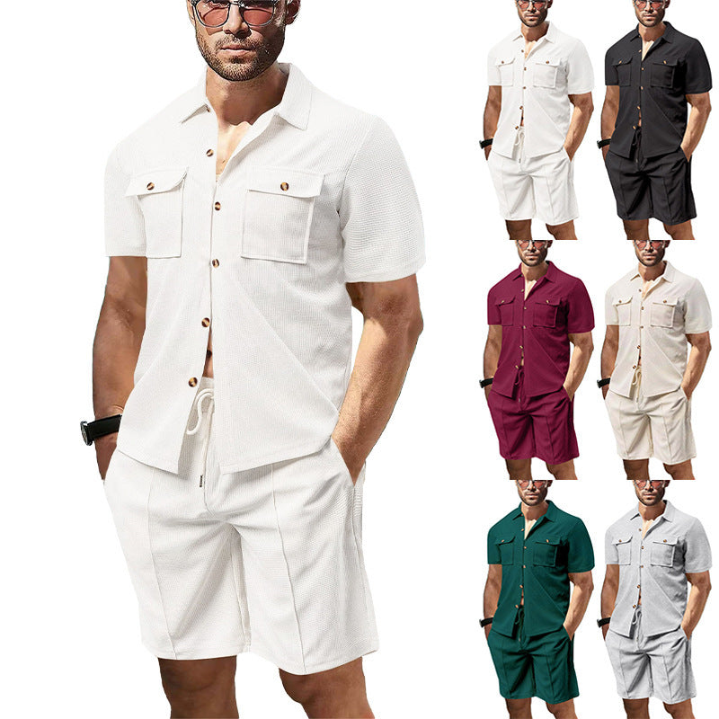 Men's structured short-sleeve shirt and bermuda set made of breathable cotton blend with chest pockets and drawstring Mune Fashion