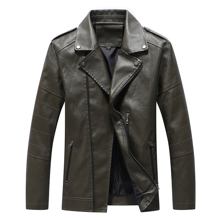 Men's biker leather-look jacket with asymmetrical zipper, shoulder patches, and quilted sleeve section Mune Fashion