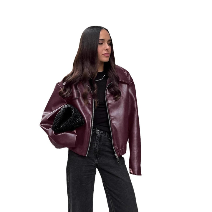 Women's Short Oversized Faux Leather Jacket with Shirt Collar and Elastic Hem Mune Fashion