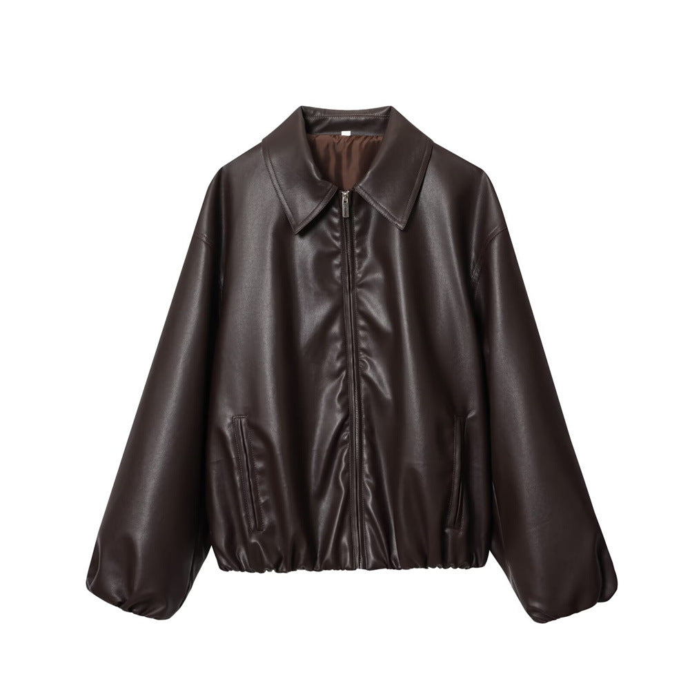 Women's short-cut oversized blouse jacket made of vegan leather with shirt collar and elastic hem Mune Fashion
