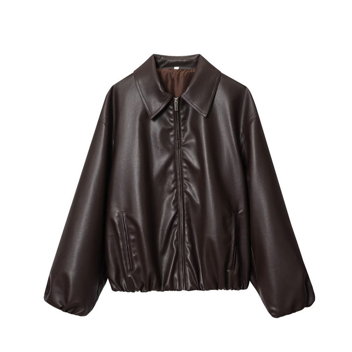 Women's short-cut oversized blouse jacket made of vegan leather with shirt collar and elastic hem Mune Fashion