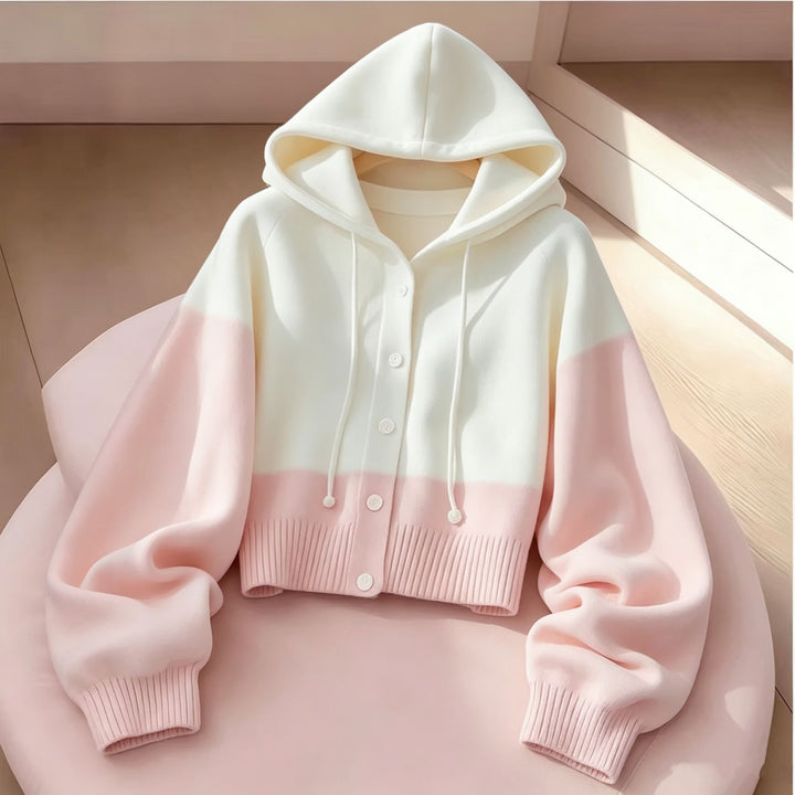 Women's Hooded Knitted Cardigan with Button Placket, Ribbed Cuff, and Oversized Sleeves Mune Fashion