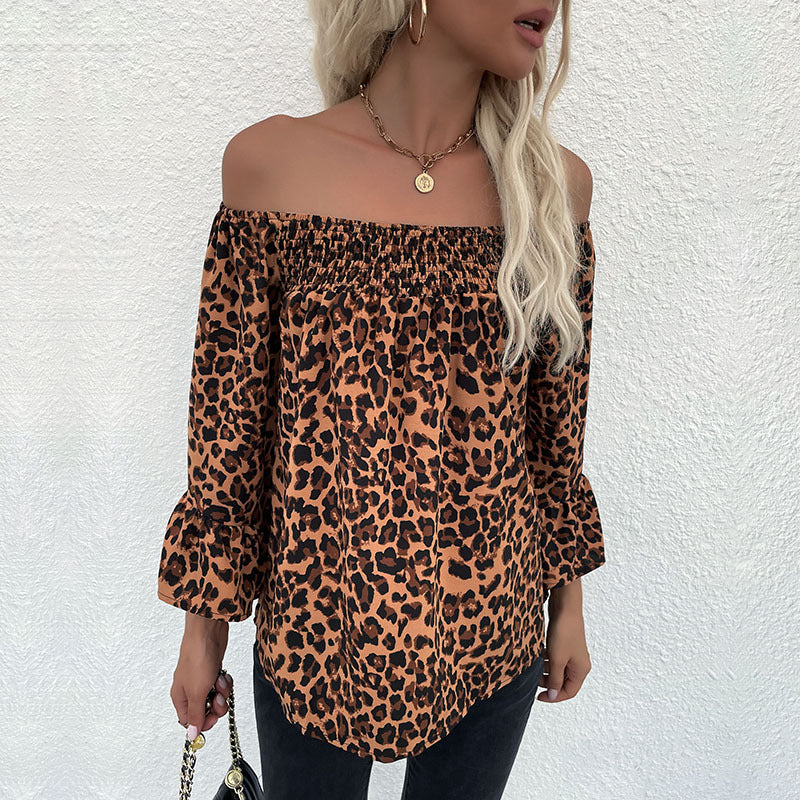 Women's Carmen blouse with smocked cuffs, off-the-shoulder neckline, and leopard print Mune Fashion