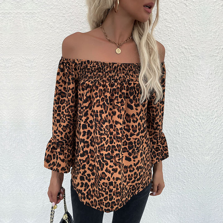 Women's Carmen blouse with smocked cuffs, off-the-shoulder neckline, and leopard print Mune Fashion