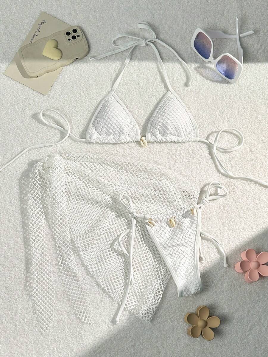 Women Triangle Bikini with Mesh Insert and Decorative Shells Mune Fashion
