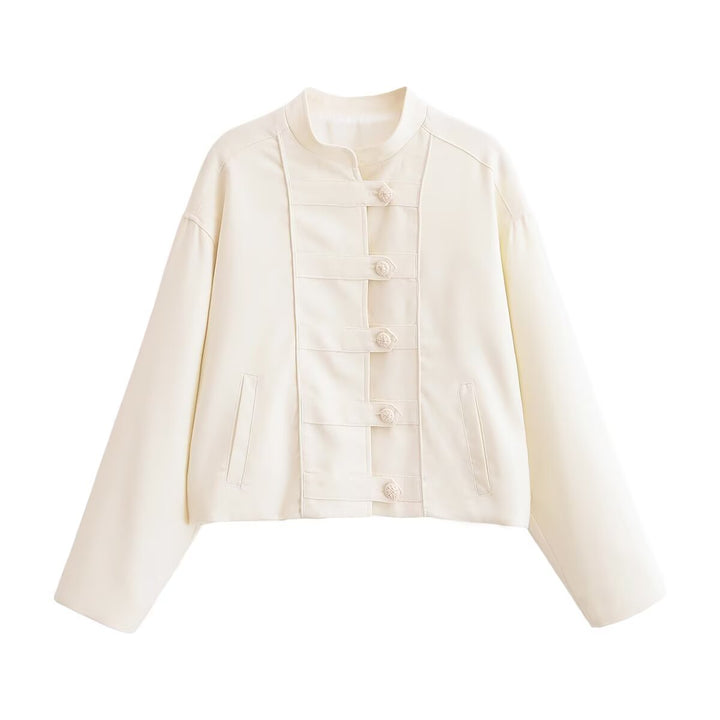 Women's short jacket in Chinese cut with stand-up collar and decorative knot buttons Mune Fashion