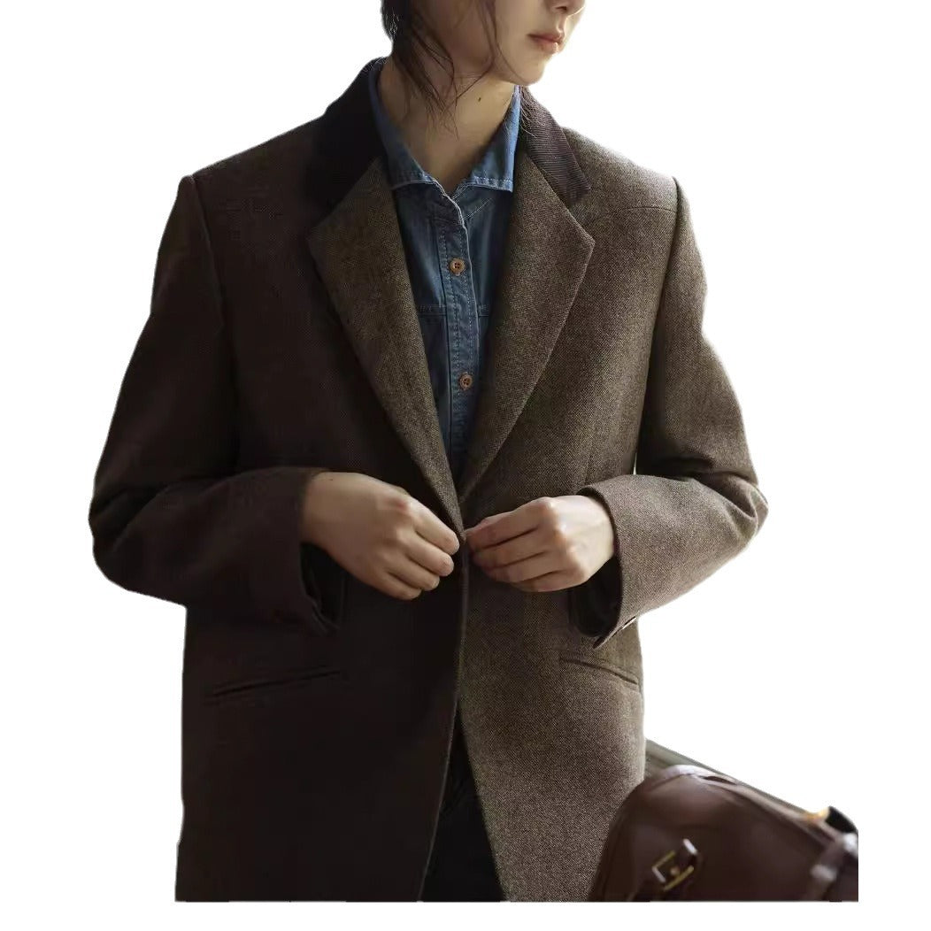 Women Boxy Wool Blend Blazer with Minimalist Single-Button Look and Jetted Pockets Mune Fashion