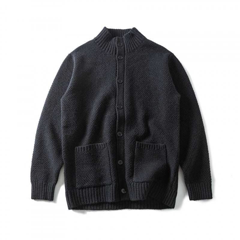 Unisex Structured Button Cardigan with Stand Collar and Patch Pockets Mune Fashion
