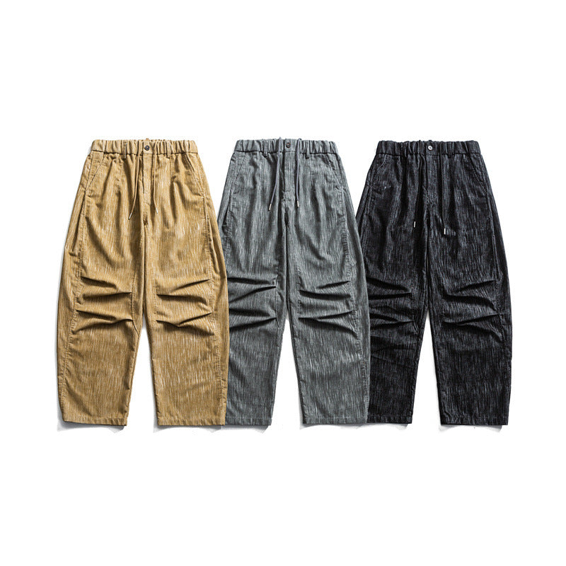 Men's wide cord trousers in workwear look with elastic waistband, drawstring and knee pleats Mune Fashion