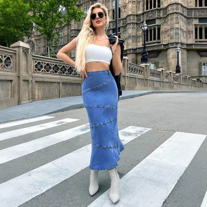 Women's waist-accentuating denim midi skirt with wave-shaped decorative seams and flared hem Mune Fashion