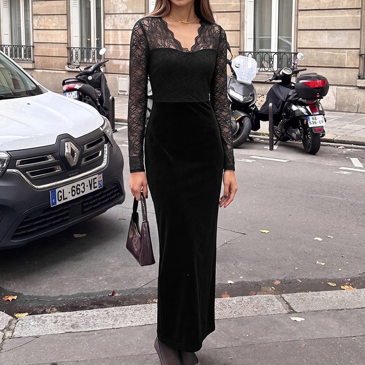 Women's evening dress with transparent lace sleeves, velvet skirt, and illusion heart neckline Mune Fashion