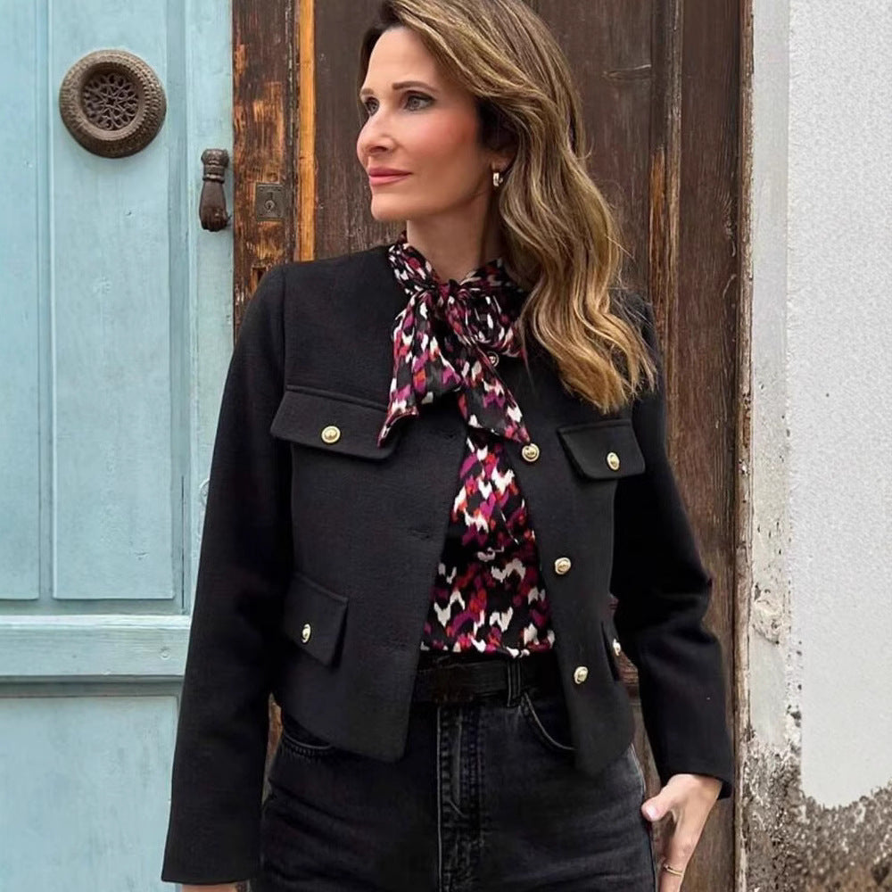 Women Short Boucle Blazer Jacket with Round Neck, Decorative Pocket Flaps, and Gold-Colored Buttons Mune Fashion