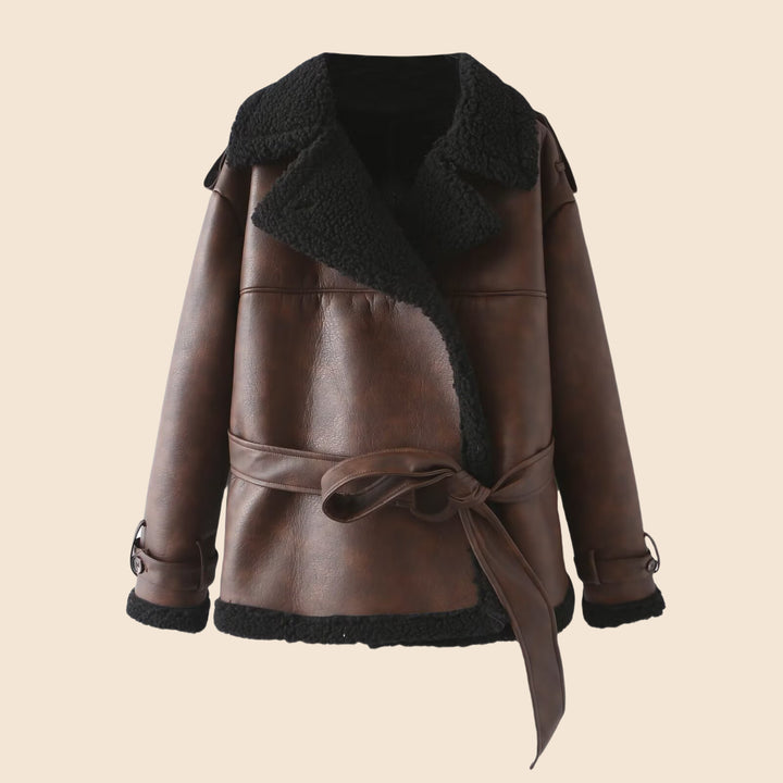 Women Tailored Aviator Coat made of Faux Leather with Teddy Lining and Tied Belt Mune Fashion