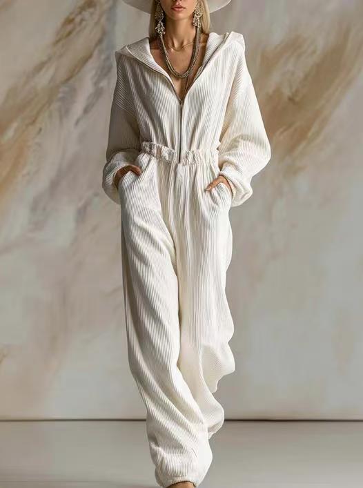 Ladies Pleated Hooded Jumpsuit with Zipper and Elastic Waist Mune Fashion