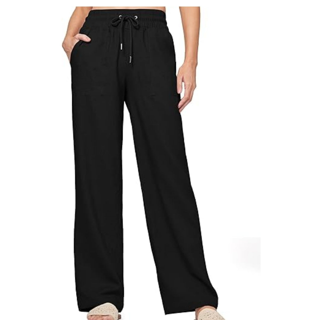 Women's wide loungewear pants with high elastic waistband drawstring side pockets and relaxed palazzo fit Mune Fashion