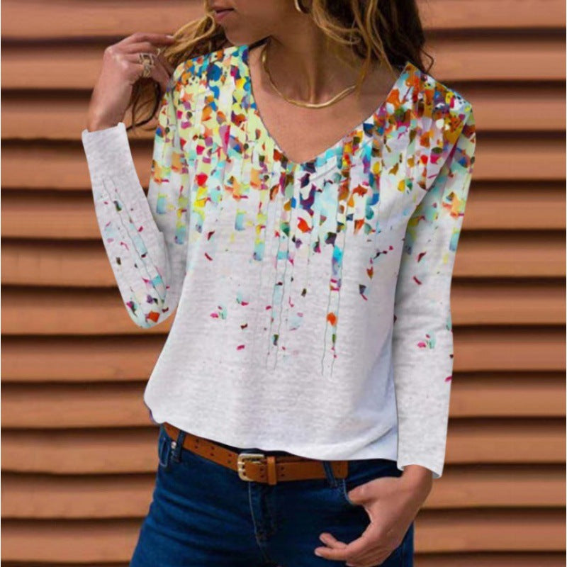 Women Long Sleeve V-Neck Tunic with Floral Watercolor Print and Light Jersey Quality Mune Fashion