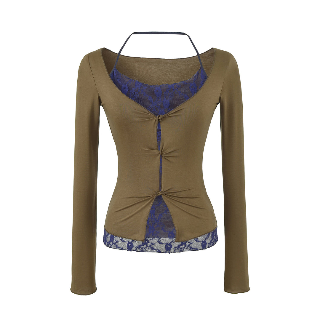 Women's Figure-Hugging Long Sleeve Top with Lace Insert and Knot Closure Mune Fashion