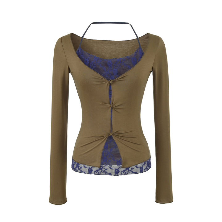 Women's Figure-Hugging Long Sleeve Top with Lace Insert and Knot Closure Mune Fashion